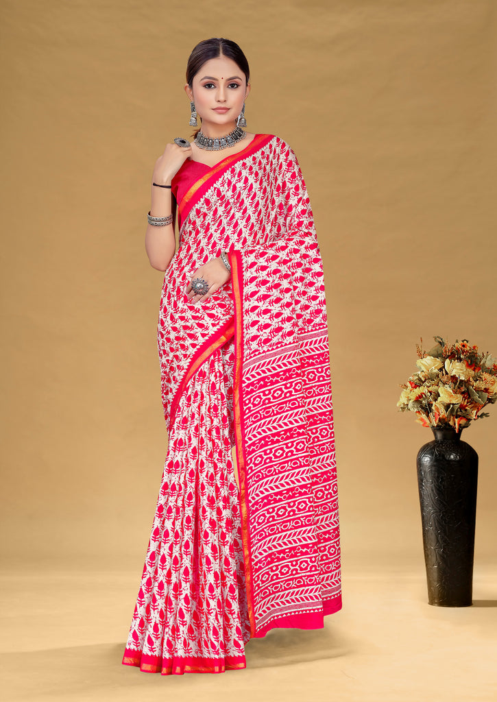 SUDHA BAGRU BLOCK PRINT SOFT MASLIN COTTON ZARI GOLDEN BORDER PINK SAREE