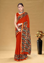 SUDHA BAGRU BLOCK PRINT SOFT MASLIN COTTON ZARI GOLDEN BORDER MULTICOLOR SAREE