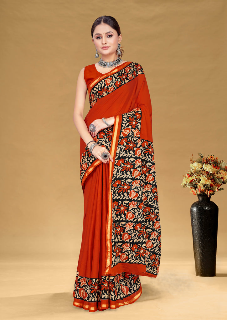 SUDHA BAGRU BLOCK PRINT SOFT MASLIN COTTON ZARI GOLDEN BORDER MULTICOLOR SAREE