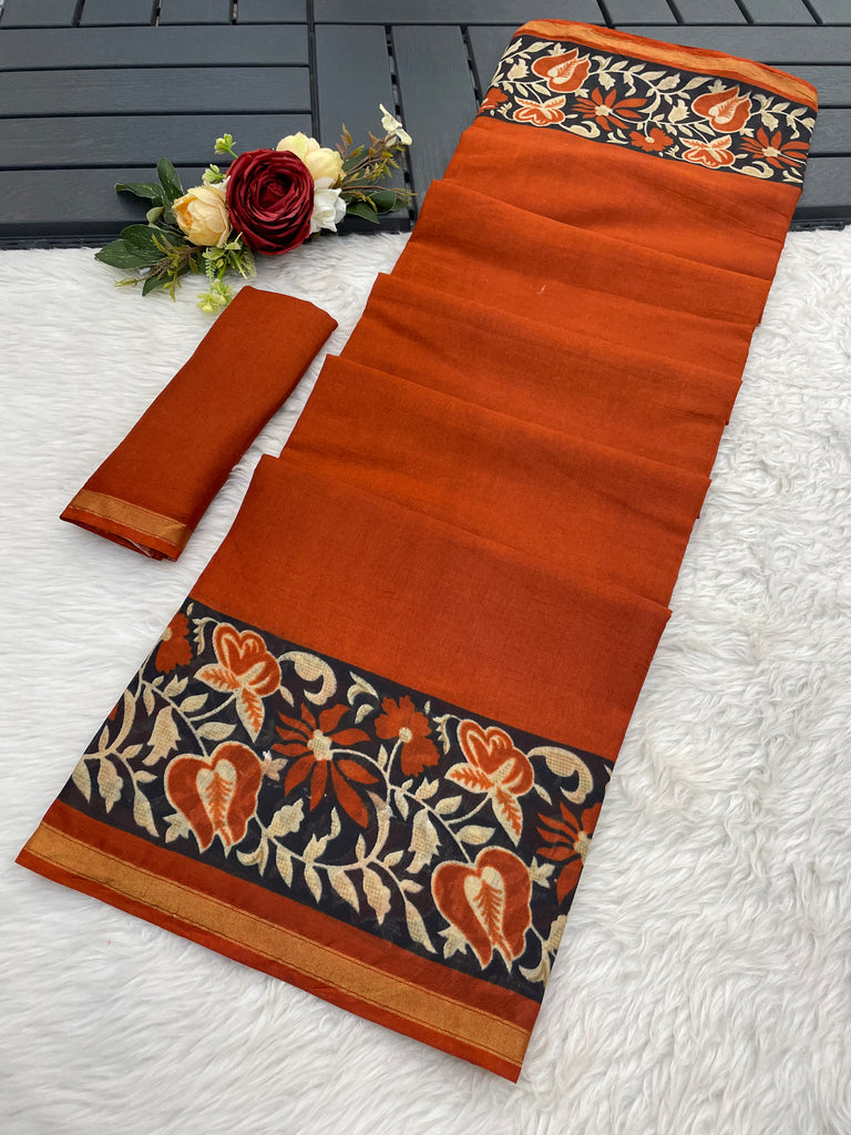 SUDHA BAGRU BLOCK PRINT SOFT MASLIN COTTON ZARI GOLDEN BORDER MULTICOLOR SAREE