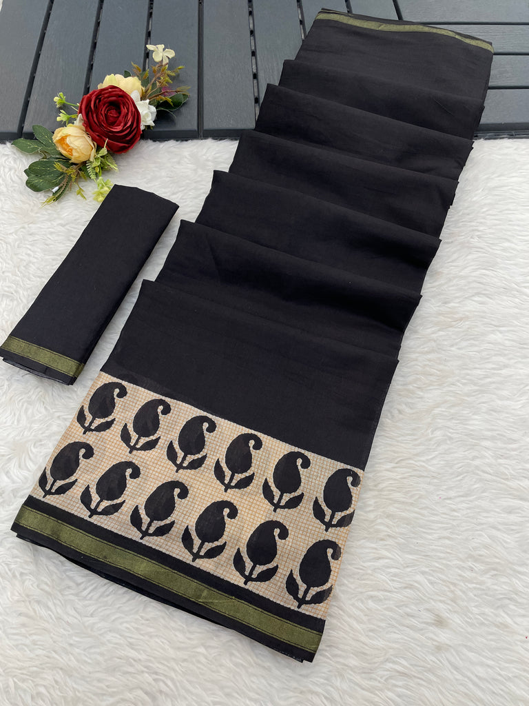 SUDHA BAGRU BLOCK PRINT SOFT MASLIN COTTON ZARI GOLDEN BORDER BLACK SAREE