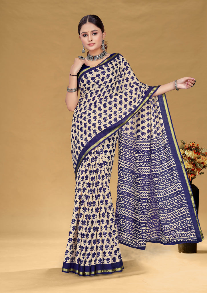 SUDHA BAGRU BLOCK PRINT SOFT MASLIN COTTON ZARI GOLDEN BORDER NEVY BLUE SAREE
