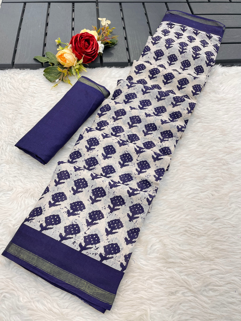 SUDHA BAGRU BLOCK PRINT SOFT MASLIN COTTON ZARI GOLDEN BORDER NEVY BLUE SAREE