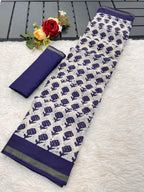 SUDHA BAGRU BLOCK PRINT SOFT MASLIN COTTON ZARI GOLDEN BORDER NEVY BLUE SAREE