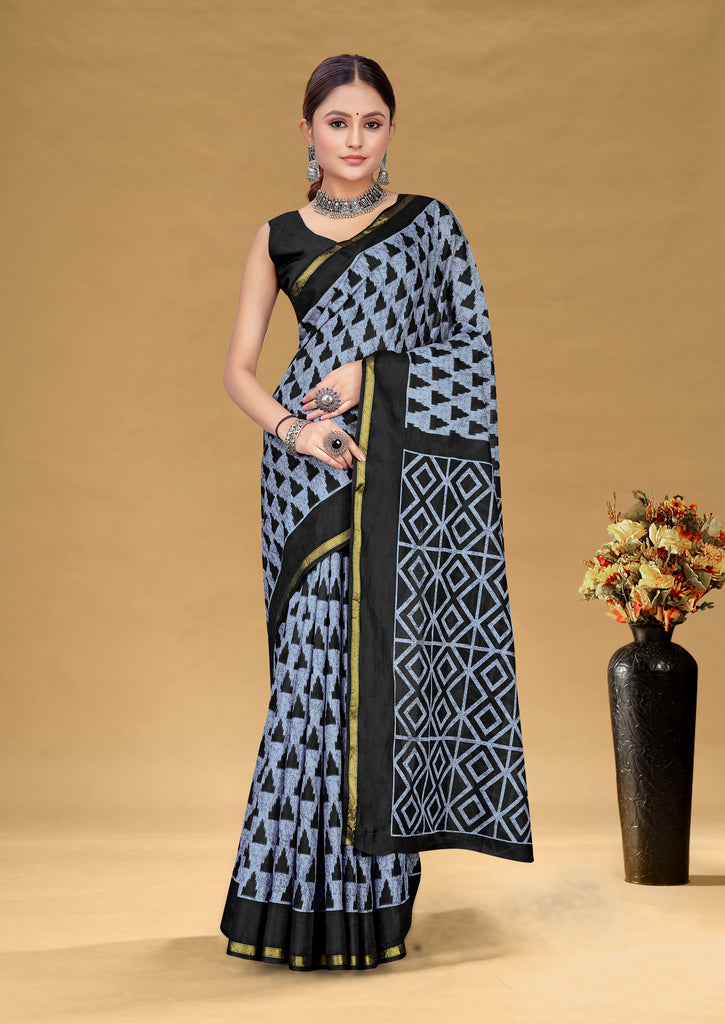 SUDHA BAGRU BLOCK PRINT SOFT MASLIN COTTON ZARI GOLDEN BORDER BLACK AND GREY SAREE
