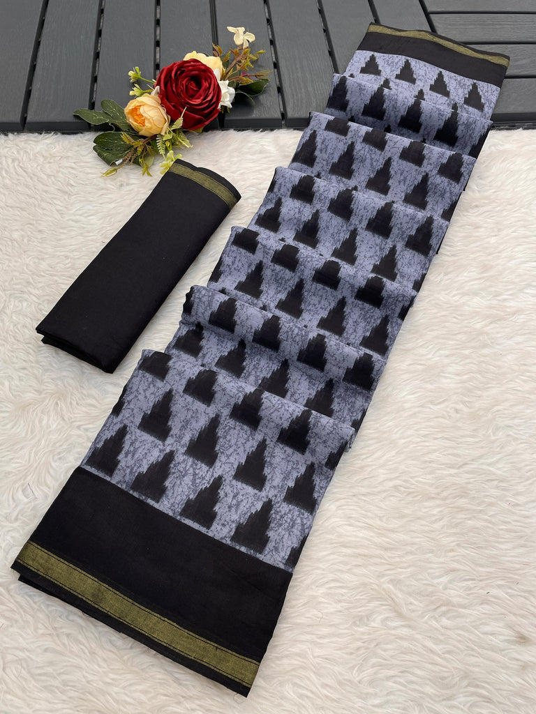 SUDHA BAGRU BLOCK PRINT SOFT MASLIN COTTON ZARI GOLDEN BORDER BLACK AND GREY SAREE