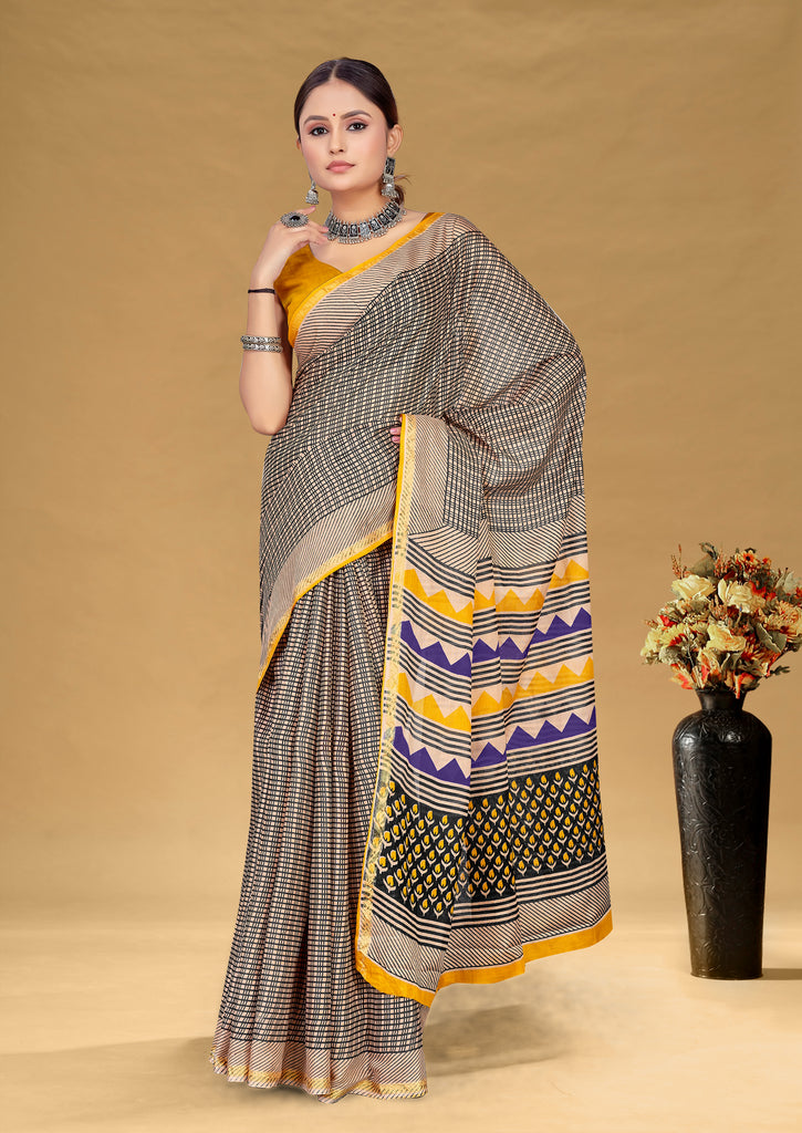 SUDHA BAGRU BLOCK PRINT SOFT MASLIN COTTON ZARI GOLDEN BORDER BEAGE SAREE