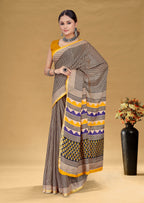 SUDHA BAGRU BLOCK PRINT SOFT MASLIN COTTON ZARI GOLDEN BORDER BEAGE SAREE