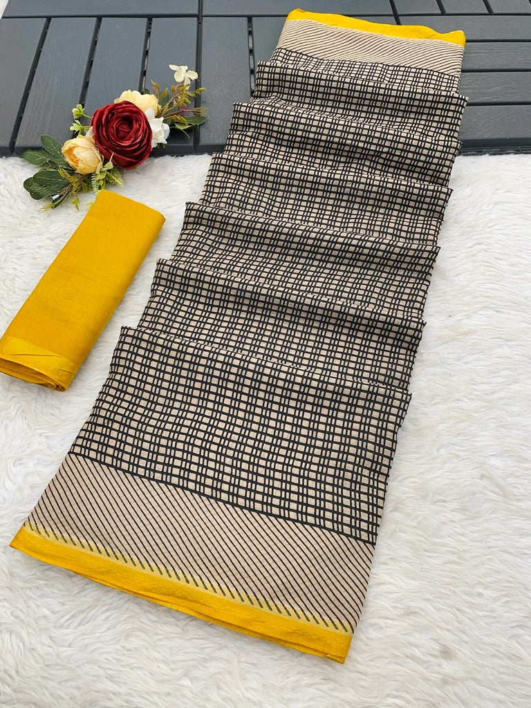 SUDHA BAGRU BLOCK PRINT SOFT MASLIN COTTON ZARI GOLDEN BORDER BEAGE SAREE