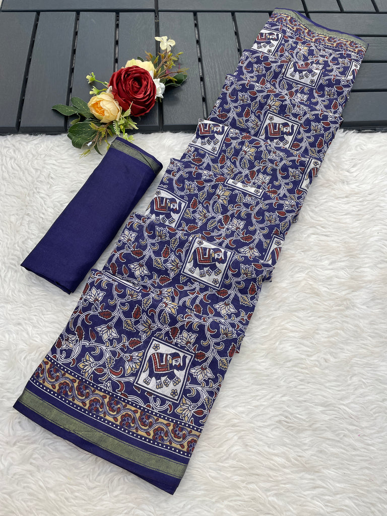 SUDHA BAGRU BLOCK PRINT SOFT MASLIN COTTON ZARI GOLDEN BORDER BLUE SAREE
