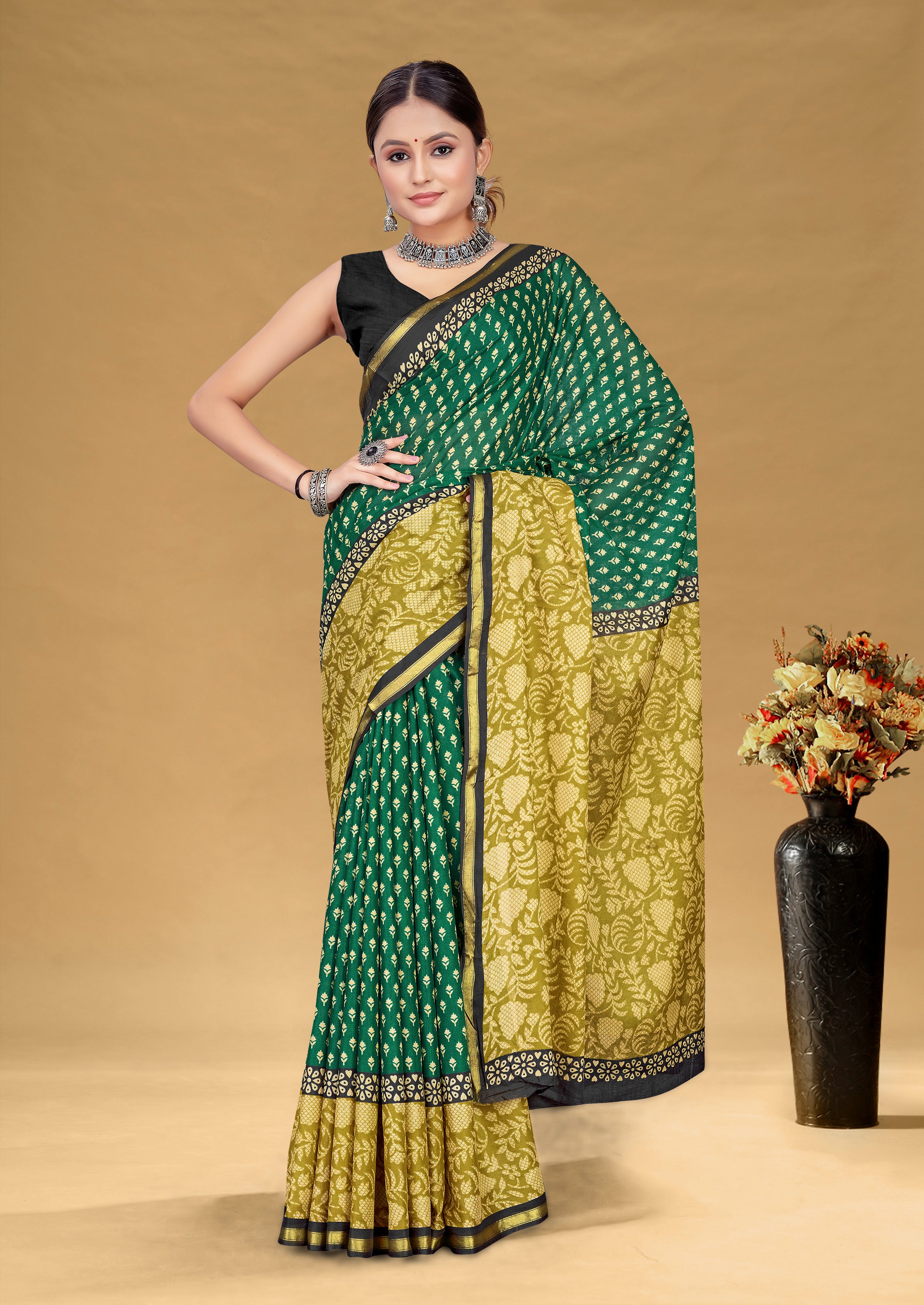 SUDHA BAGRU BLOCK PRINT SOFT MASLIN COTTON ZARI GOLDEN BORDER GREEN SAREE