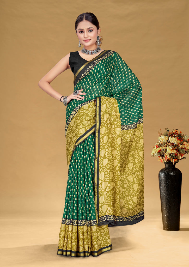 SUDHA BAGRU BLOCK PRINT SOFT MASLIN COTTON ZARI GOLDEN BORDER GREEN SAREE