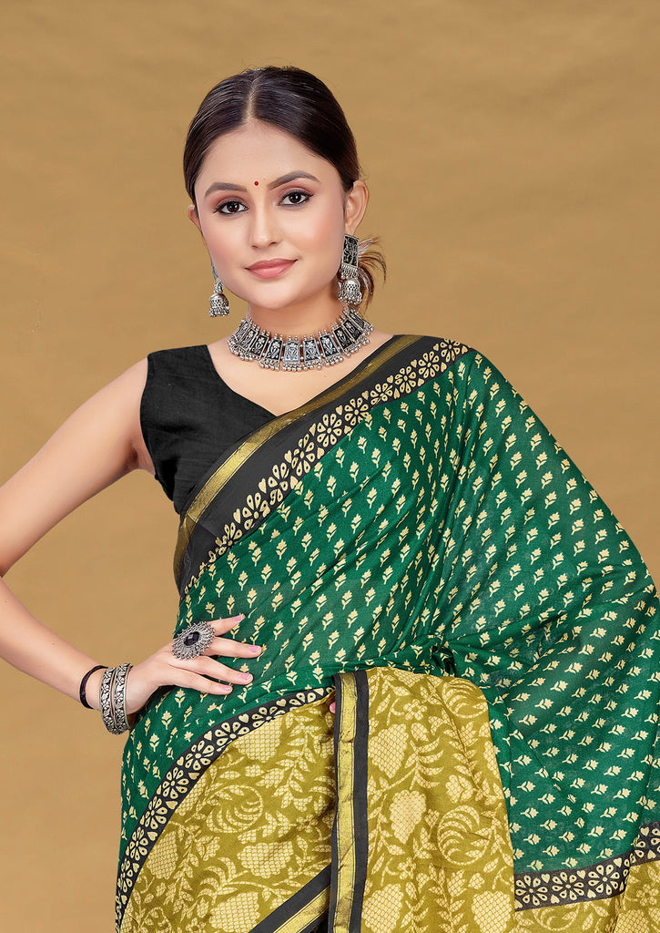 SUDHA BAGRU BLOCK PRINT SOFT MASLIN COTTON ZARI GOLDEN BORDER GREEN SAREE