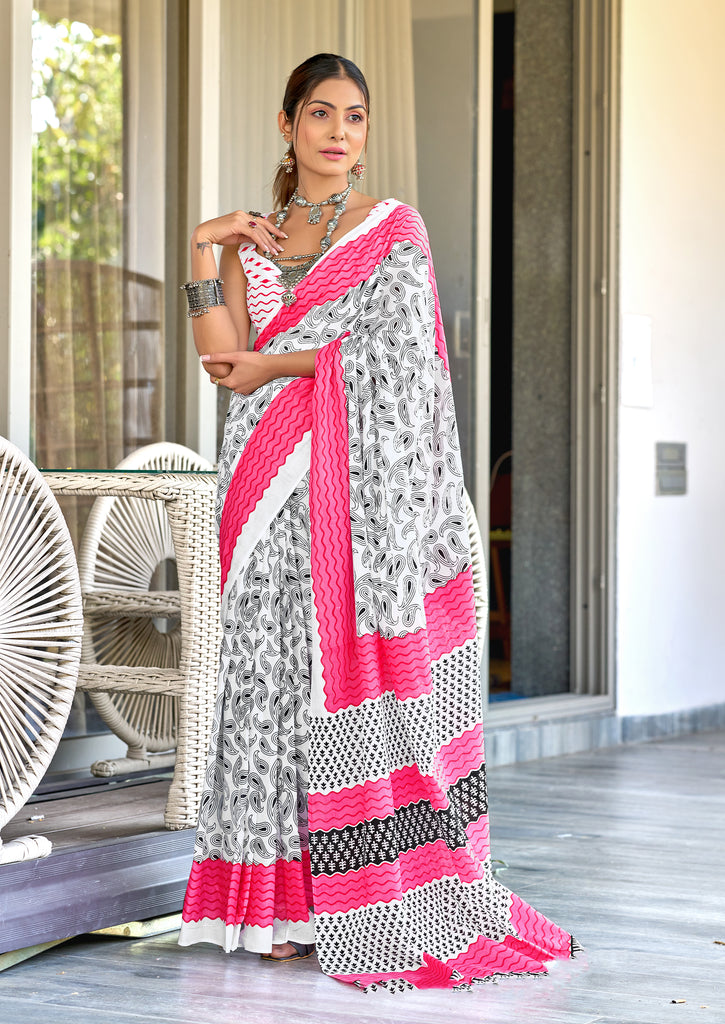 SUMMER LOVINS PURE MULMUL COTTON SUMMAR HAND BLOCK PRINT WHITE AND PINK SAREE