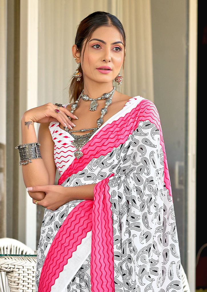 SUMMER LOVINS PURE MULMUL COTTON SUMMAR HAND BLOCK PRINT WHITE AND PINK SAREE