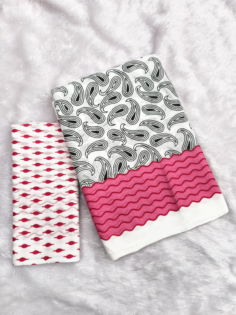 SUMMER LOVINS PURE MULMUL COTTON SUMMAR HAND BLOCK PRINT WHITE AND PINK SAREE