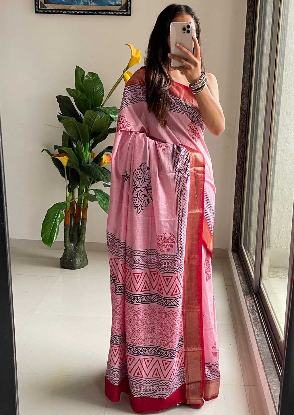 SUTRA1 NATURAL CELLULOSE NYLON AND VISCOSE HAND BLOCK SUTRA SILK BABY PINK SAREE