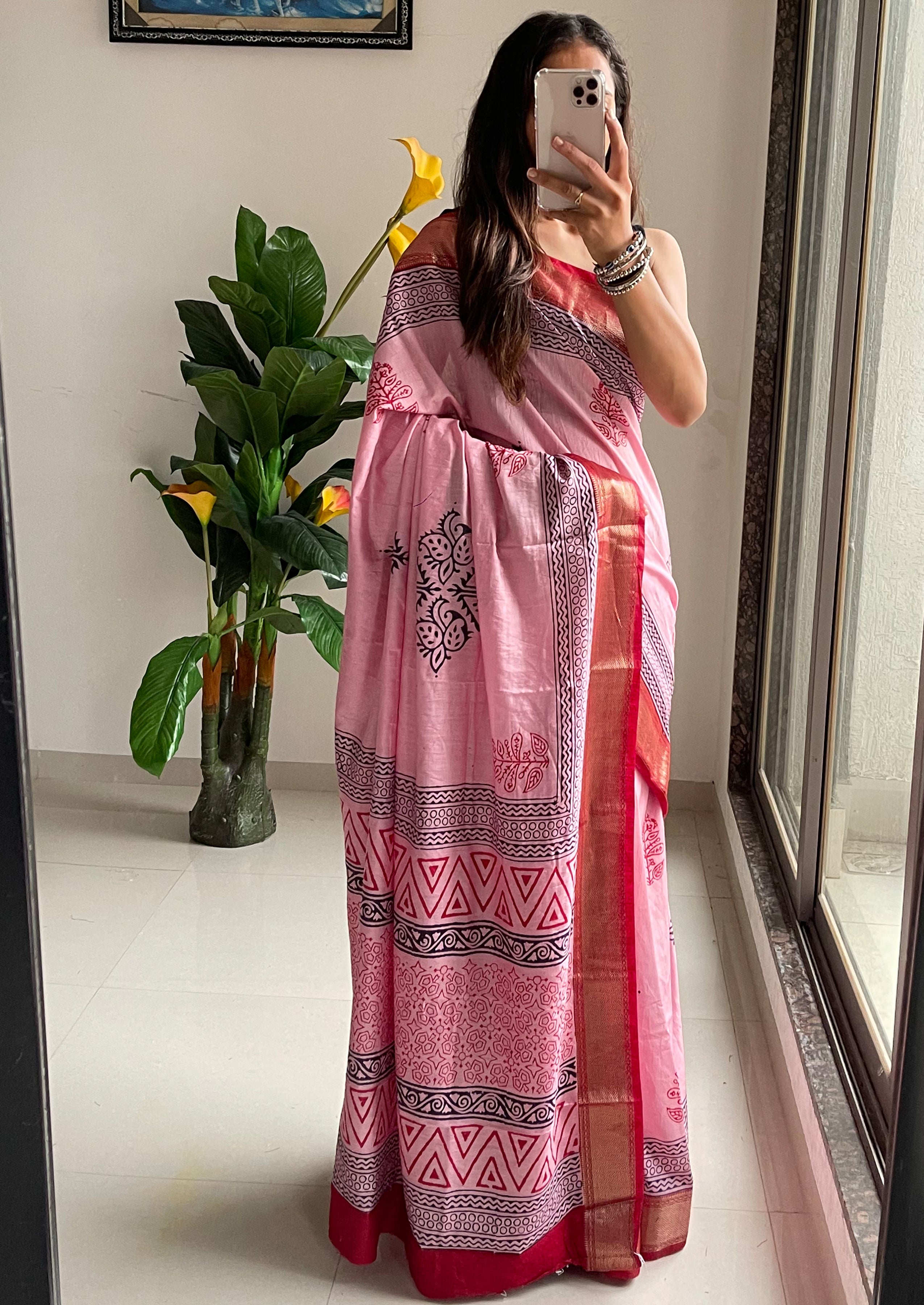 SUTRA1 NATURAL CELLULOSE NYLON AND VISCOSE HAND BLOCK SUTRA SILK BABY PINK SAREE