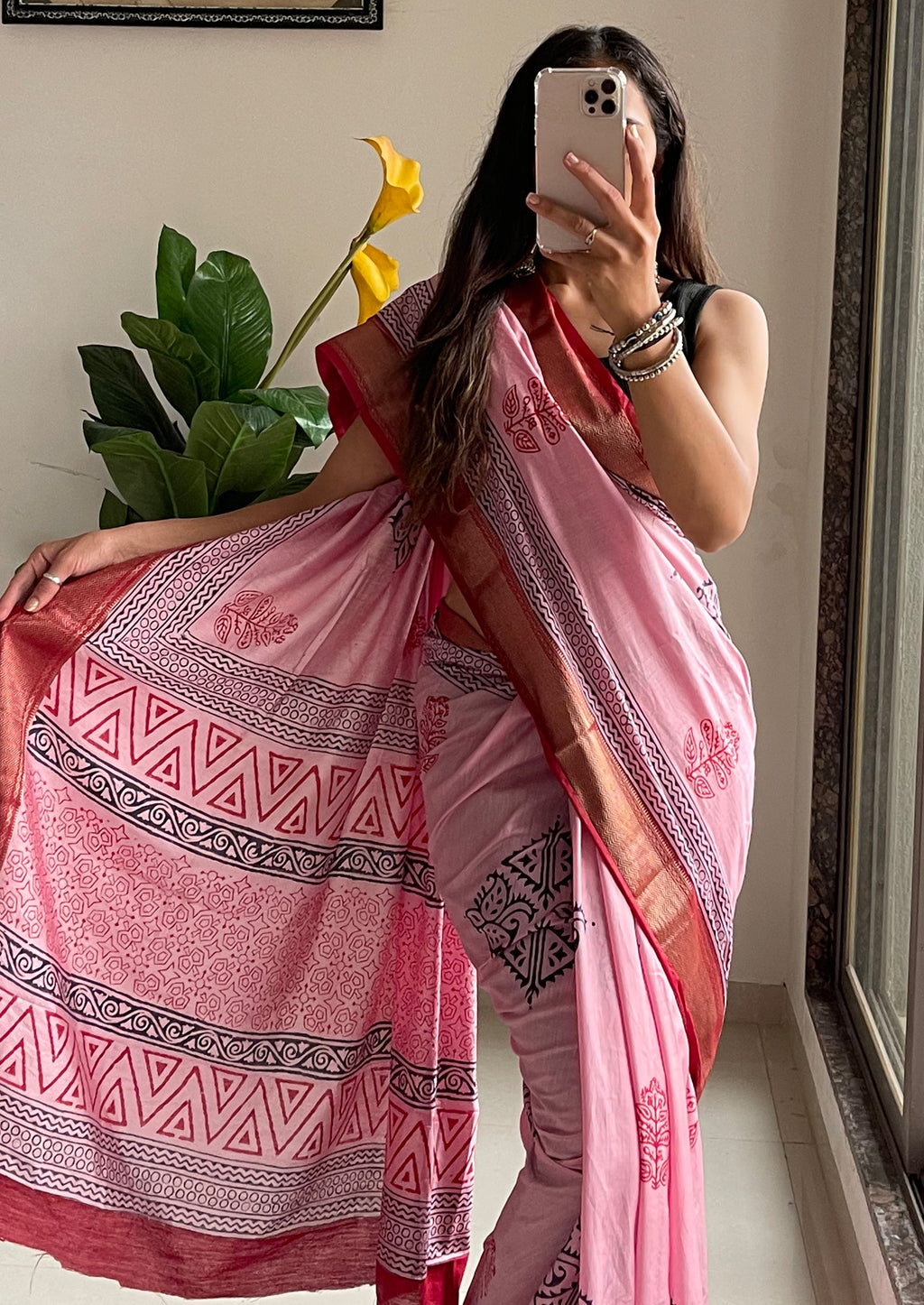 SUTRA1 NATURAL CELLULOSE NYLON AND VISCOSE HAND BLOCK SUTRA SILK BABY PINK SAREE