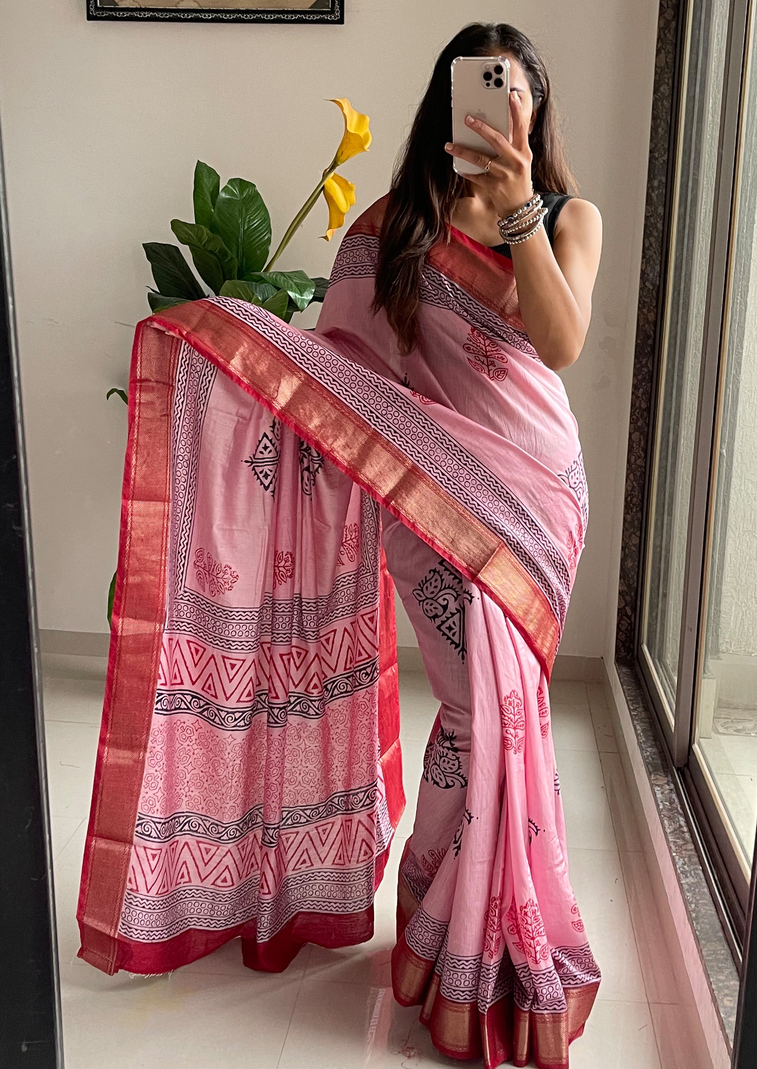 SUTRA1 NATURAL CELLULOSE NYLON AND VISCOSE HAND BLOCK SUTRA SILK BABY PINK SAREE