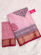 SUTRA1 NATURAL CELLULOSE NYLON AND VISCOSE HAND BLOCK SUTRA SILK BABY PINK SAREE