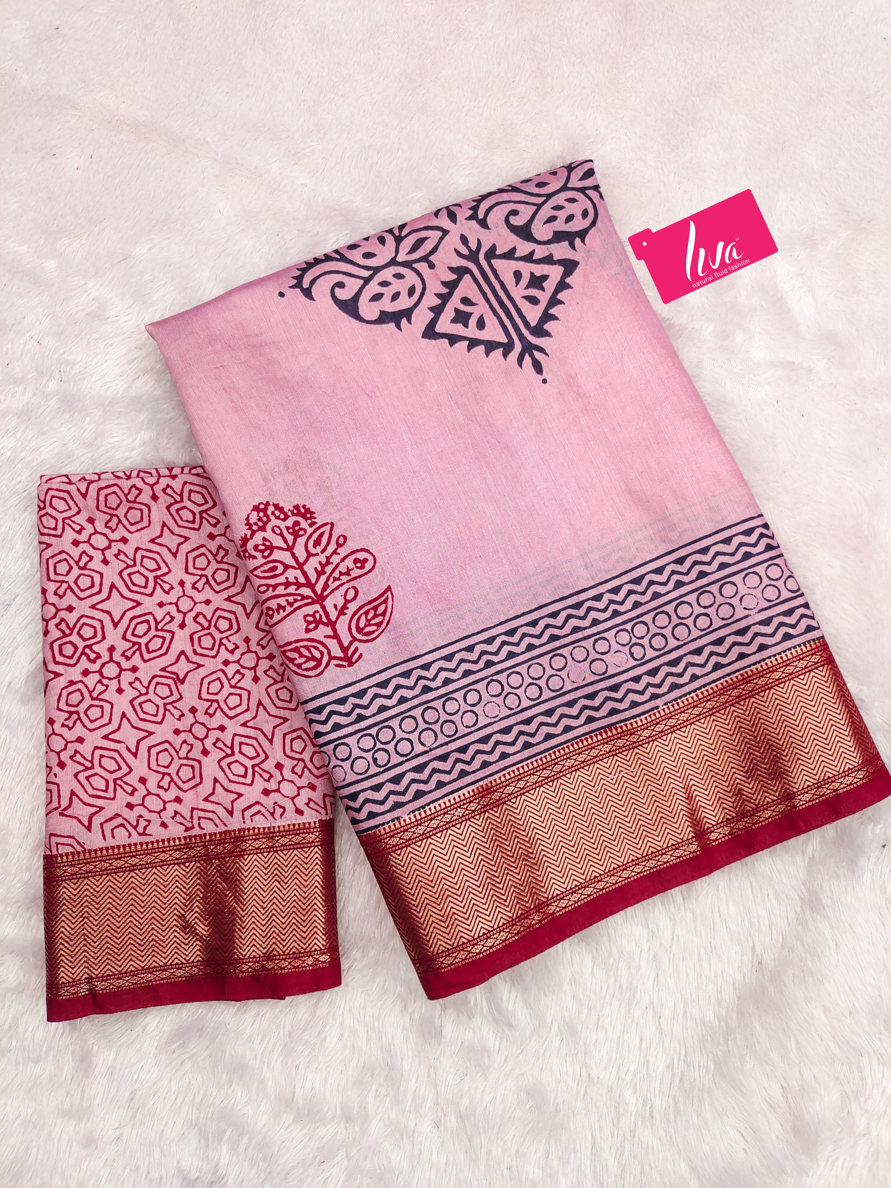SUTRA1 NATURAL CELLULOSE NYLON AND VISCOSE HAND BLOCK SUTRA SILK BABY PINK SAREE