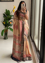 SUTRA1 NATURAL CELLULOSE NYLON AND VISCOSE HAND BLOCK SUTRA SILK BEIGE SAREE