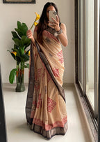 SUTRA1 NATURAL CELLULOSE NYLON AND VISCOSE HAND BLOCK SUTRA SILK BEIGE SAREE