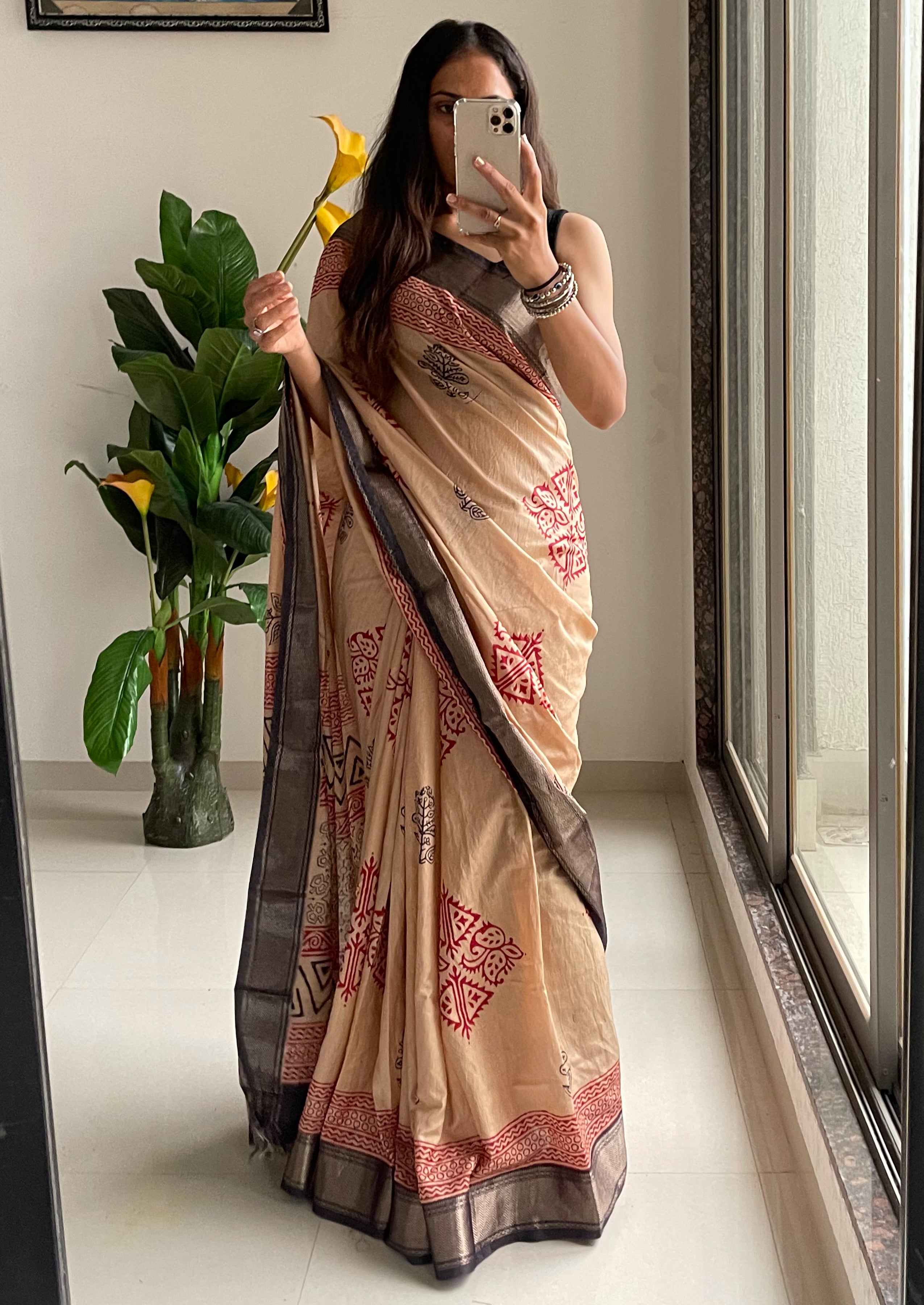 SUTRA1 NATURAL CELLULOSE NYLON AND VISCOSE HAND BLOCK SUTRA SILK BEIGE SAREE