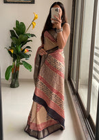 SUTRA1 NATURAL CELLULOSE NYLON AND VISCOSE HAND BLOCK SUTRA SILK BEIGE SAREE