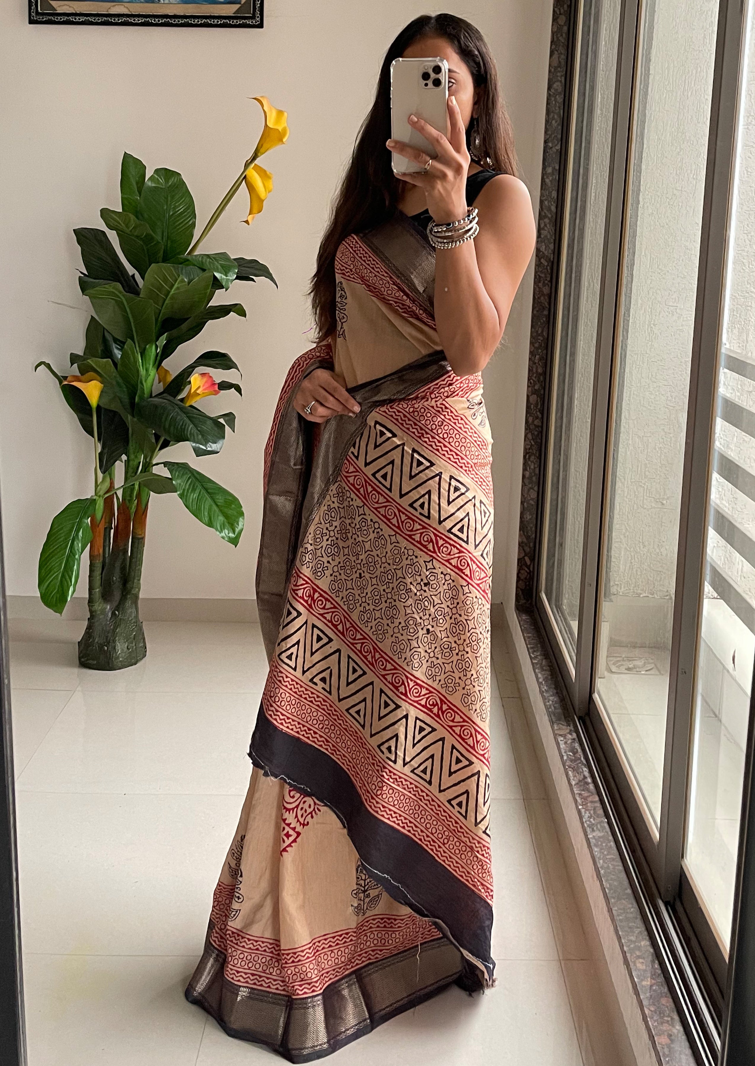 SUTRA1 NATURAL CELLULOSE NYLON AND VISCOSE HAND BLOCK SUTRA SILK BEIGE SAREE