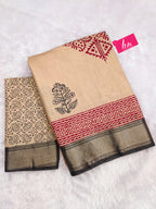 SUTRA1 NATURAL CELLULOSE NYLON AND VISCOSE HAND BLOCK SUTRA SILK BEIGE SAREE