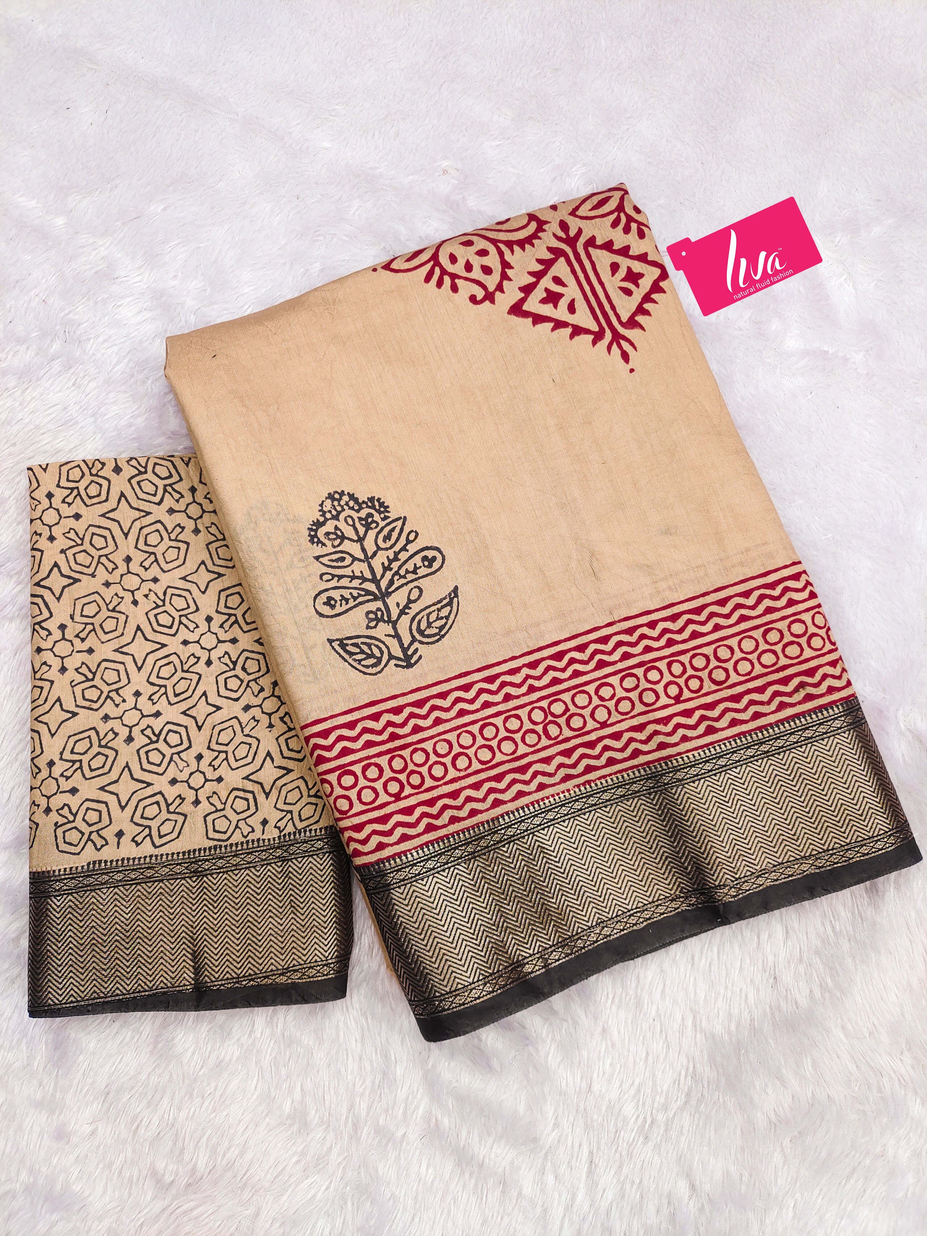 SUTRA1 NATURAL CELLULOSE NYLON AND VISCOSE HAND BLOCK SUTRA SILK BEIGE SAREE