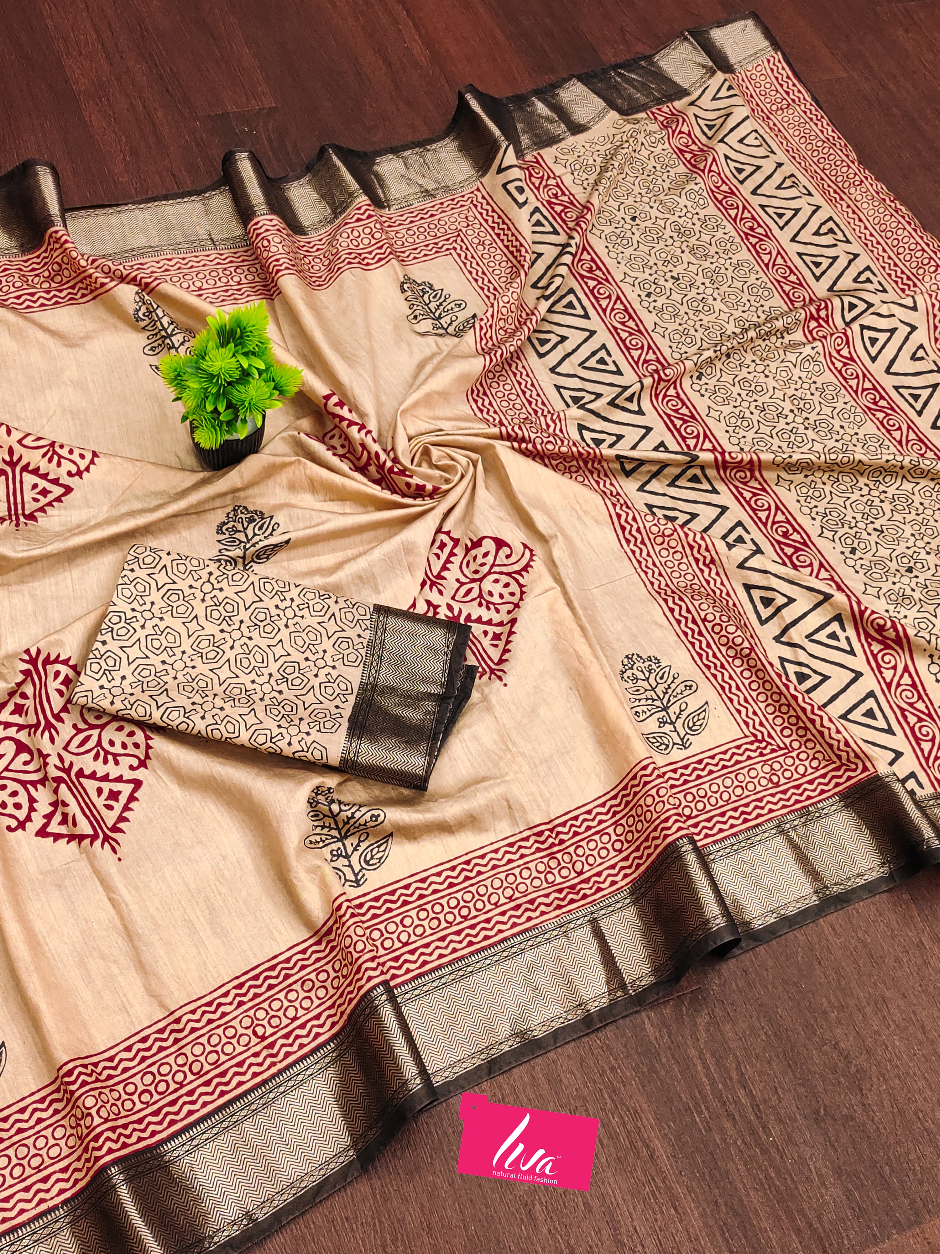 SUTRA1 NATURAL CELLULOSE NYLON AND VISCOSE HAND BLOCK SUTRA SILK BEIGE SAREE