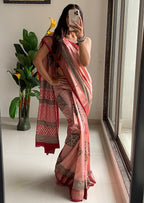 SUTRA1 NATURAL CELLULOSE NYLON AND VISCOSE HAND BLOCK SUTRA SILK DUSTY PINK SAREE