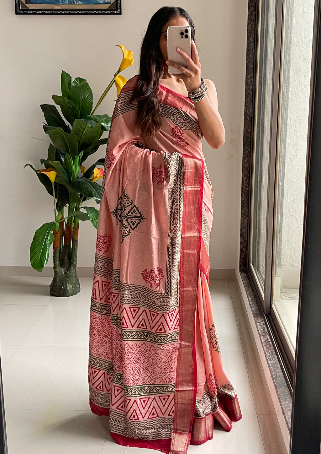 SUTRA1 NATURAL CELLULOSE NYLON AND VISCOSE HAND BLOCK SUTRA SILK DUSTY PINK SAREE