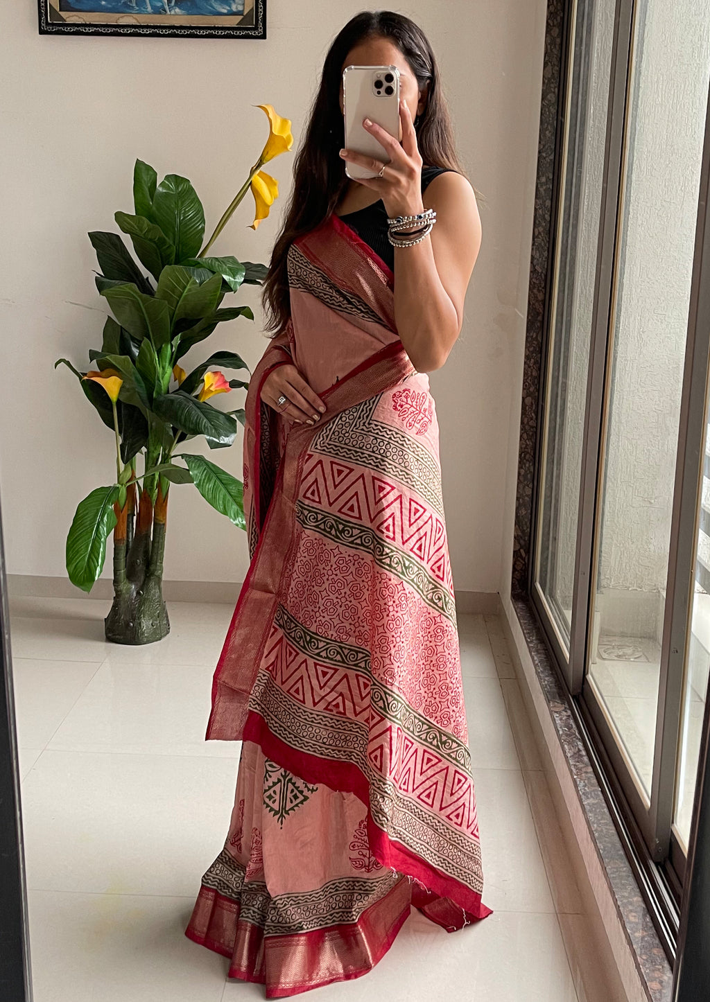 SUTRA1 NATURAL CELLULOSE NYLON AND VISCOSE HAND BLOCK SUTRA SILK DUSTY PINK SAREE