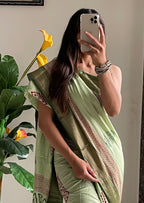SUTRA1 NATURAL CELLULOSE NYLON AND VISCOSE HAND BLOCK SUTRA SILK PISTA GREEN SAREE