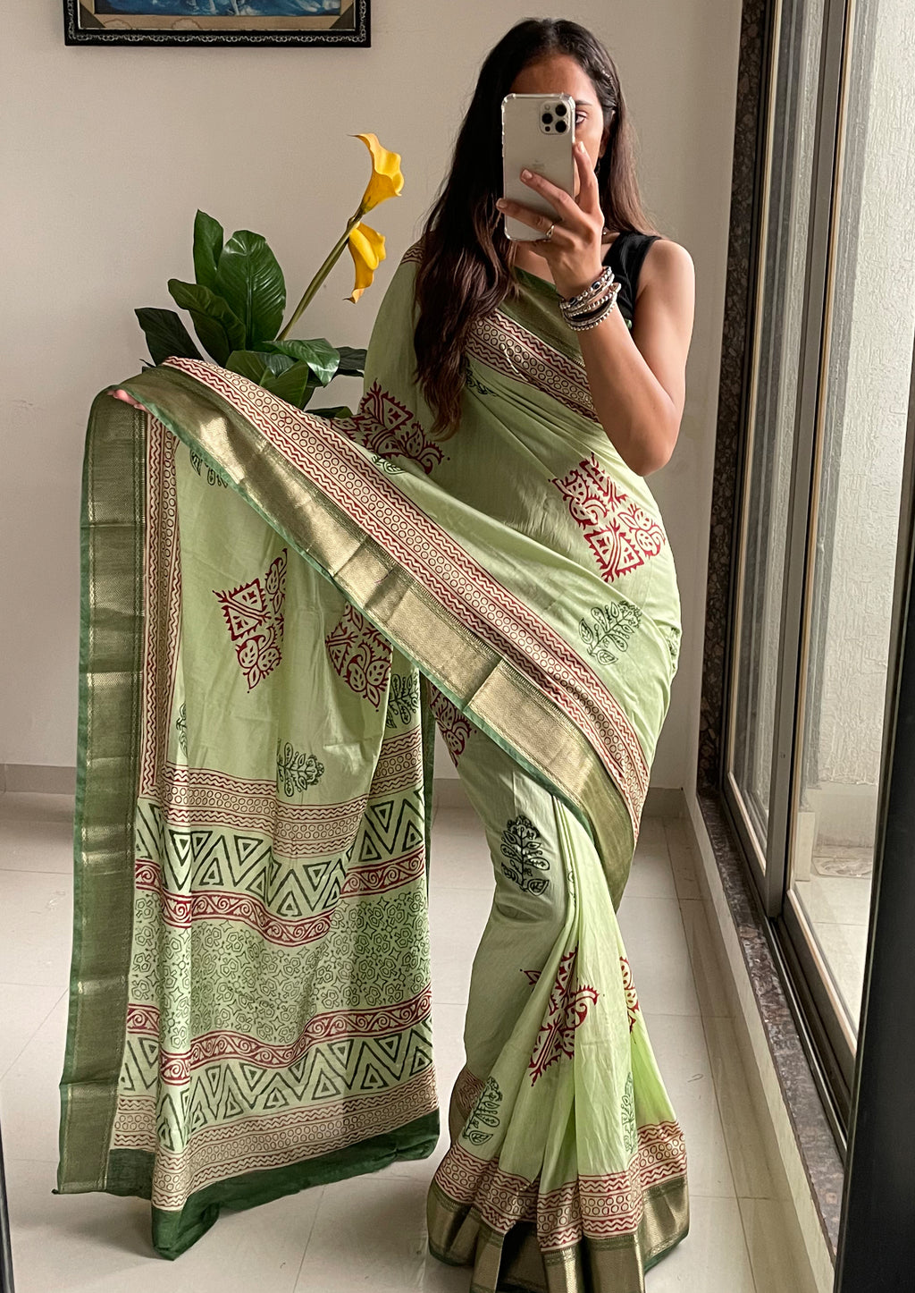 SUTRA1 NATURAL CELLULOSE NYLON AND VISCOSE HAND BLOCK SUTRA SILK PISTA GREEN SAREE