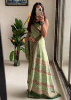 SUTRA1 NATURAL CELLULOSE NYLON AND VISCOSE HAND BLOCK SUTRA SILK PISTA GREEN SAREE