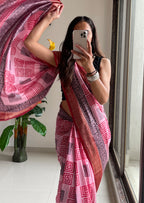 SUTRA2 NATURAL CELLULOSE NYLON AND VISCOSE HAND BLOCK SUTRA SILK BABY PINK SAREE
