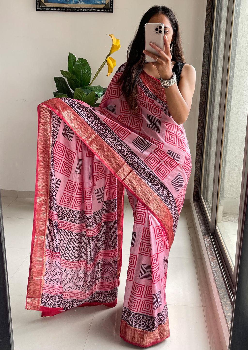 SUTRA2 NATURAL CELLULOSE NYLON AND VISCOSE HAND BLOCK SUTRA SILK BABY PINK SAREE