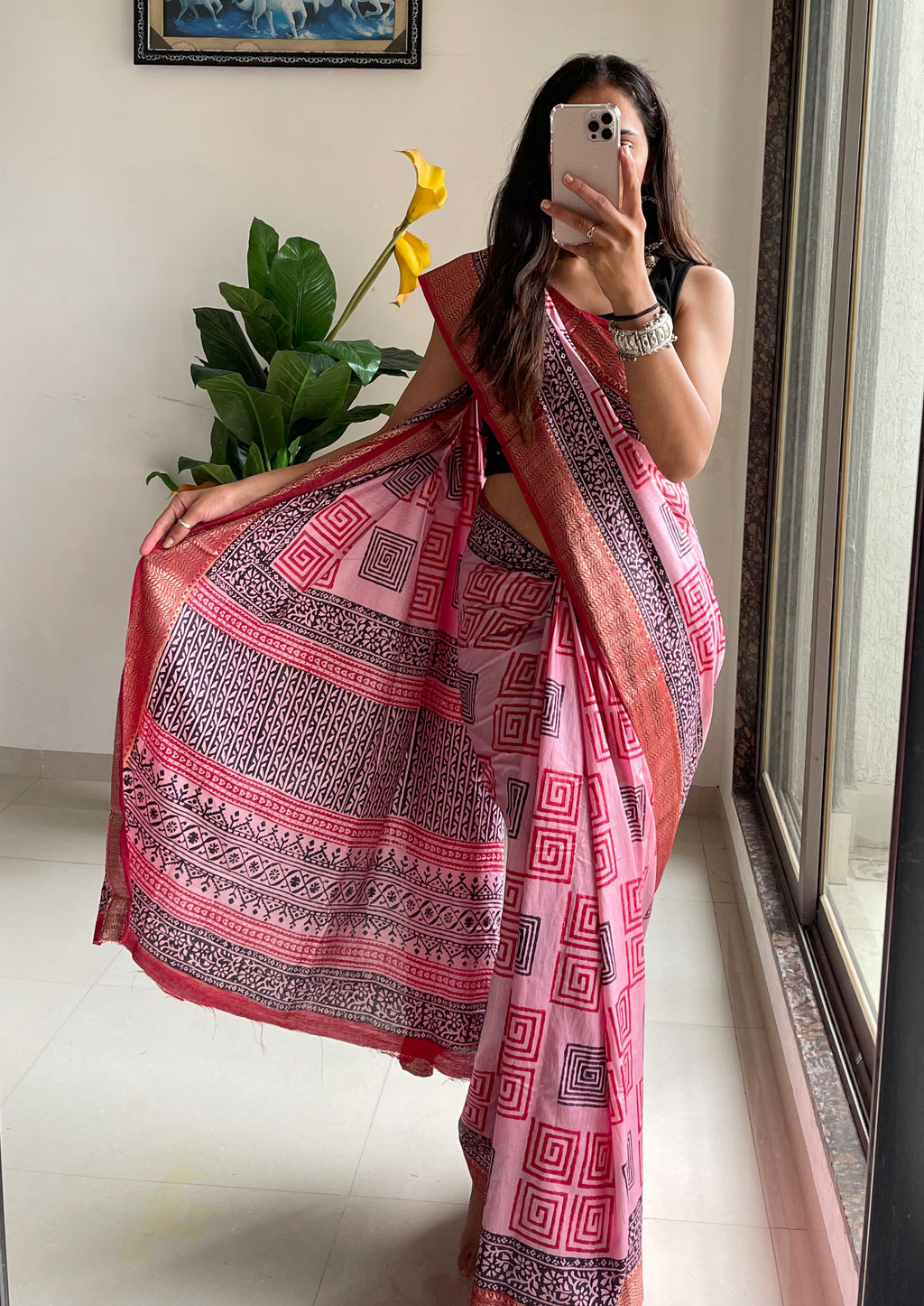 SUTRA2 NATURAL CELLULOSE NYLON AND VISCOSE HAND BLOCK SUTRA SILK BABY PINK SAREE