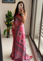 SUTRA2 NATURAL CELLULOSE NYLON AND VISCOSE HAND BLOCK SUTRA SILK BABY PINK SAREE