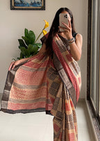 SUTRA2 NATURAL CELLULOSE NYLON AND VISCOSE HAND BLOCK SUTRA SILK BEIGE SAREE