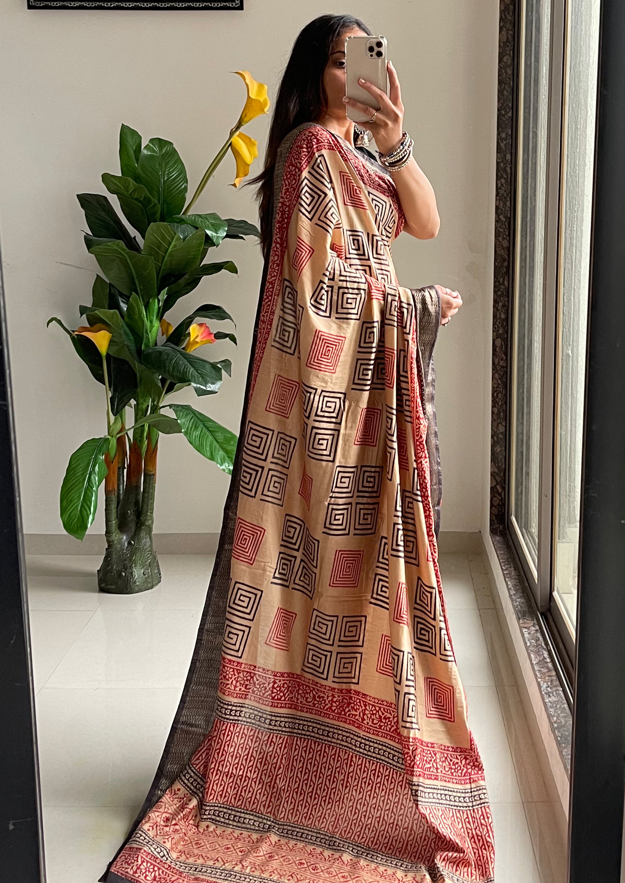 SUTRA2 NATURAL CELLULOSE NYLON AND VISCOSE HAND BLOCK SUTRA SILK BEIGE SAREE