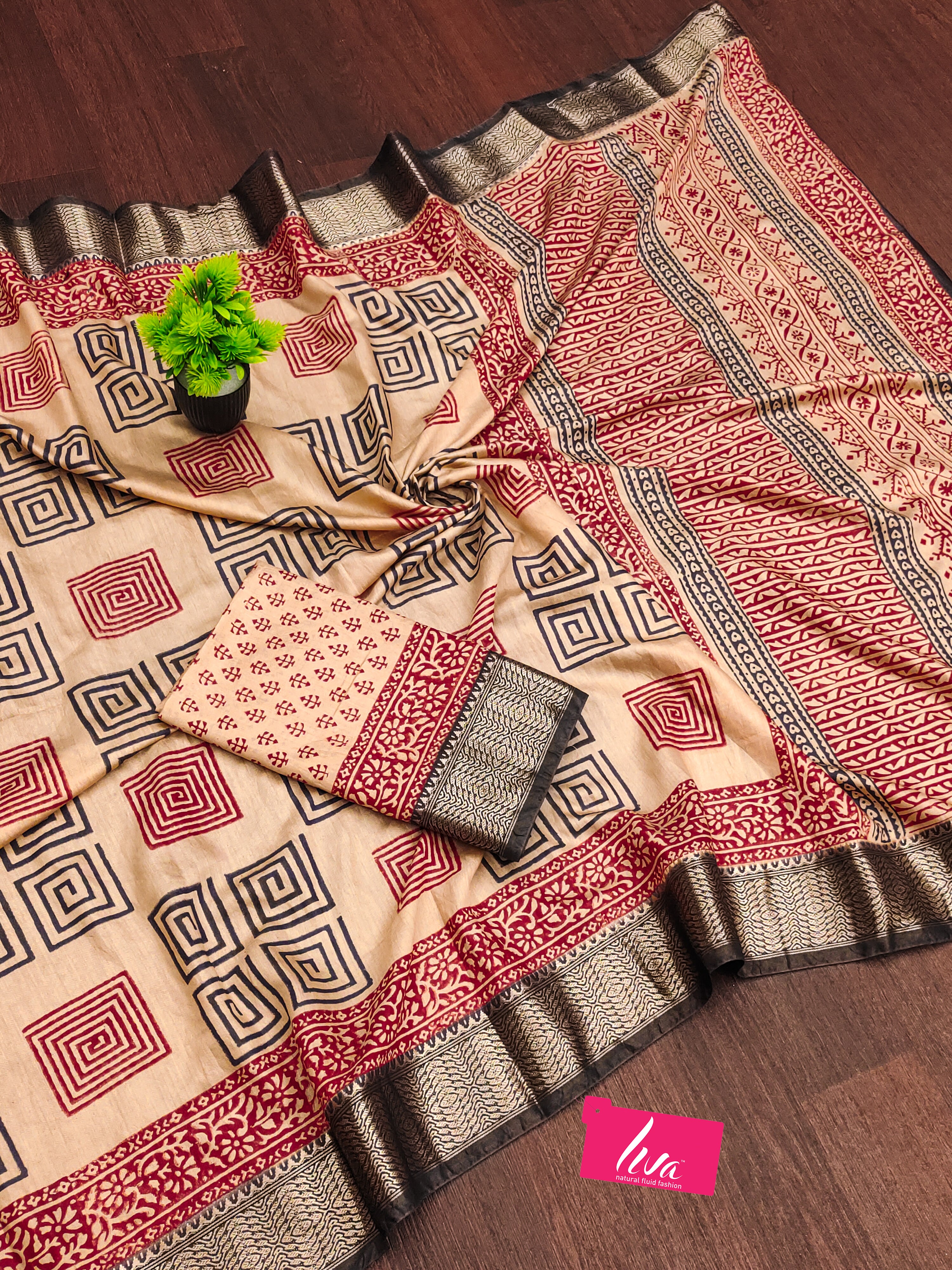 SUTRA2 NATURAL CELLULOSE NYLON AND VISCOSE HAND BLOCK SUTRA SILK BEIGE SAREE