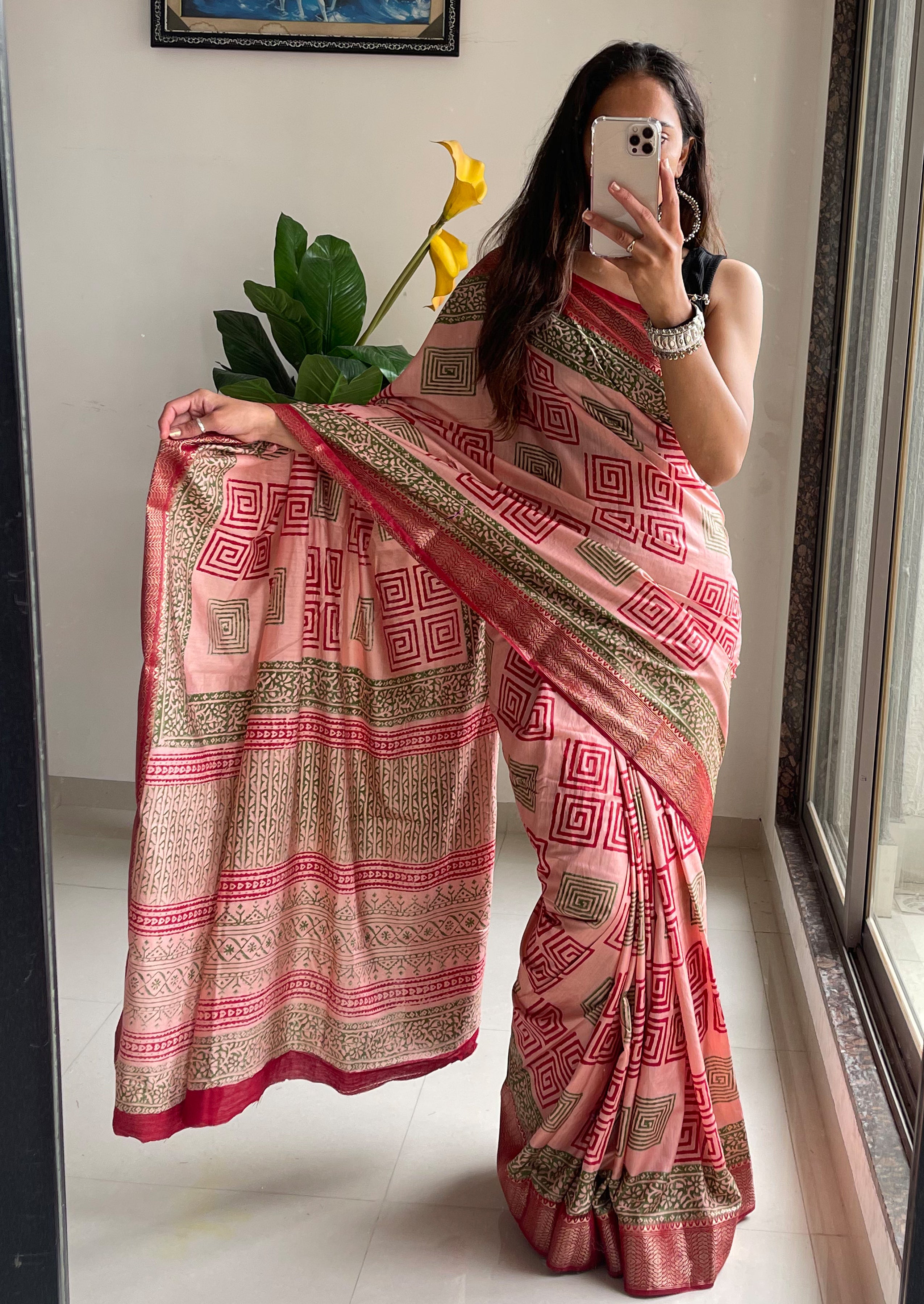 SUTRA2 NATURAL CELLULOSE NYLON AND VISCOSE HAND BLOCK SUTRA SILK DUSTY PINK SAREE