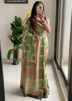SUTRA2 NATURAL CELLULOSE NYLON AND VISCOSE HAND BLOCK SUTRA SILK PISTA GREEN SAREE