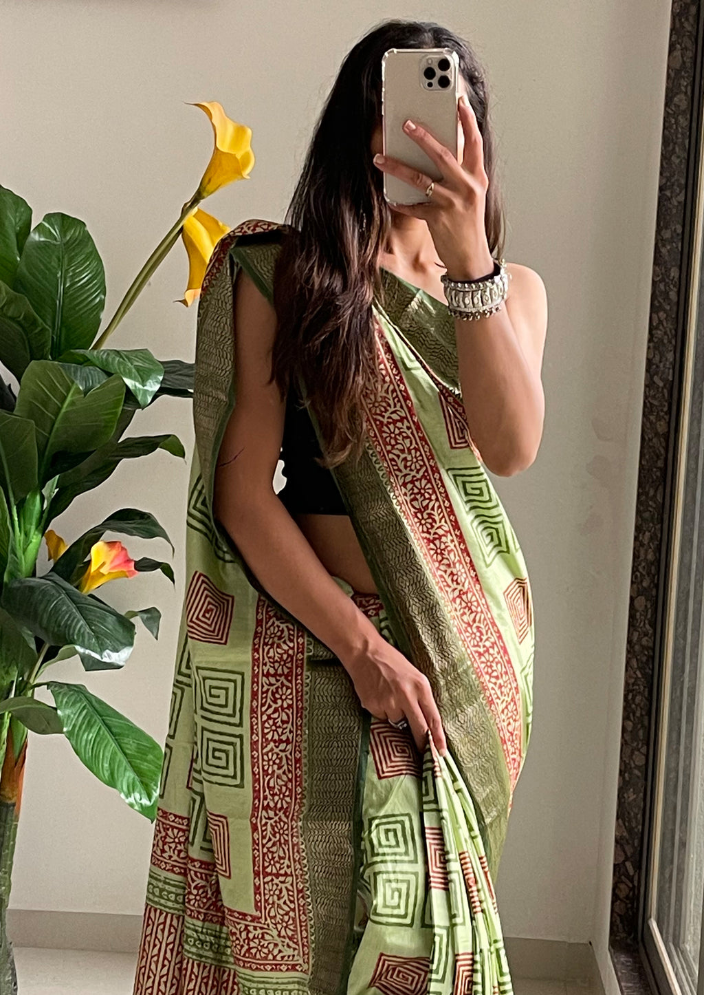 SUTRA2 NATURAL CELLULOSE NYLON AND VISCOSE HAND BLOCK SUTRA SILK PISTA GREEN SAREE